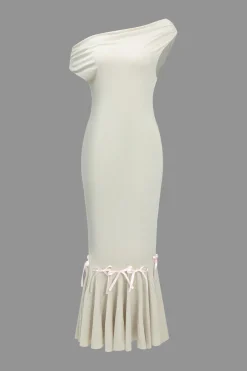 MICAS Midi Dresses-Solid Bow Asymmetrical Midi Dress BEIGE