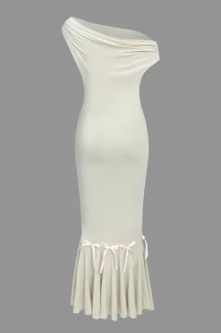 MICAS Midi Dresses-Solid Bow Asymmetrical Midi Dress BEIGE