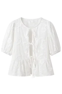 MICAS Blouses & Shirts-Solid Bow Embroidery Tie-Up Short-Sleeve Shirt WHITE