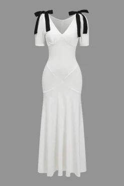 MICAS Maxi Dresses-Solid Bow Tie-Up Maxi Dress WHITE