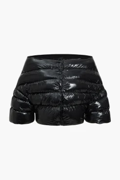 MICAS Outerwear|Outerwear-Solid Button Boat Neck Puffer BLACK