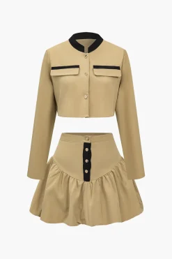 MICAS Skirt Sets-Solid Button Fake Pockets Skirt Set KHAKI