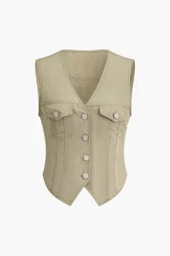 MICAS Outerwear|Outerwear-Solid Button Fake Pockets Vest WHEAT