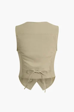 MICAS Outerwear|Outerwear-Solid Button Fake Pockets Vest WHEAT