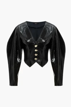 MICAS Outerwear|Outerwear-Solid Button Faux Leather Jacket BLACK