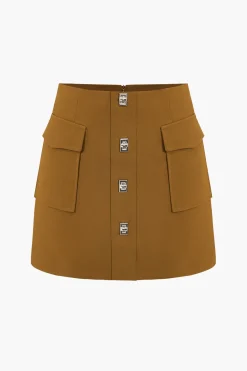 MICAS Skirts-Solid Button Metallic Zipper Skirt CHOCOLATE
