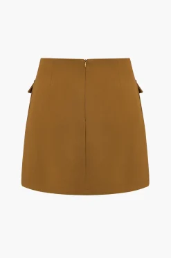 MICAS Skirts-Solid Button Metallic Zipper Skirt CHOCOLATE