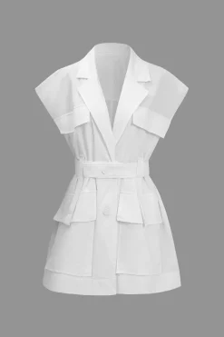 MICAS Blouses & Shirts-Solid Button Pocket Belted Short-Sleeve Shirt WHITE