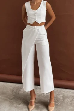 MICAS Pant Sets|Vacation Sets-Solid Button Up Crop Vest And Asymmetrical Trouser Set WHITE