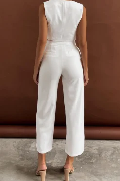MICAS Pant Sets|Vacation Sets-Solid Button Up Crop Vest And Asymmetrical Trouser Set WHITE