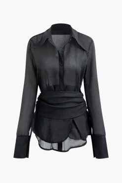 MICAS Long Sleeve Tops|Long Sleeves Tops-Solid Button Up Long Sleeve Shirt And Ruffle Hem Mini Skirt Set BLACK