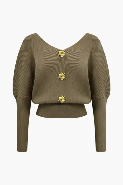 MICAS Knitwear|Knit Tops-Solid Button V-Neck Sweater Long-Sleeve Top