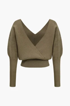 MICAS Knitwear|Knit Tops-Solid Button V-Neck Sweater Long-Sleeve Top