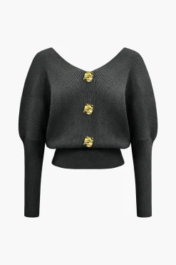 MICAS Knitwear|Knit Tops-Solid Button V-Neck Sweater Long-Sleeve Top