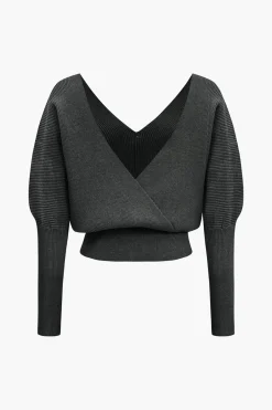 MICAS Knitwear|Knit Tops-Solid Button V-Neck Sweater Long-Sleeve Top