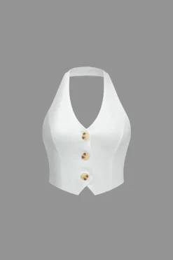 MICAS Pant Sets|Vacation Sets-Solid Button V-Neck Top And Trouser Set WHITE