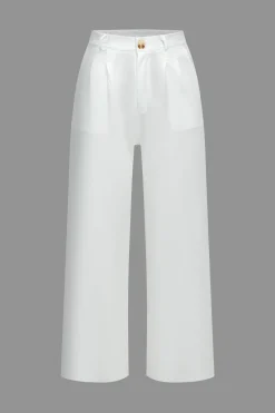 MICAS Pant Sets|Vacation Sets-Solid Button V-Neck Top And Trouser Set WHITE