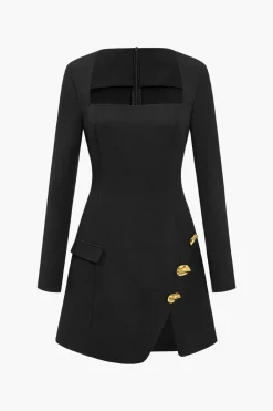 MICAS Long Sleeve Dresses|Mini Dresses-Solid Button Zipper Asymmetrical Mini Dress BLACK