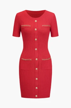 MICAS Knit Dresses-Solid Chain Pocket Knit Mini Dress RED