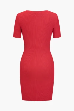 MICAS Knit Dresses-Solid Chain Pocket Knit Mini Dress RED