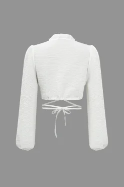 MICAS Long Sleeve Tops|Long Sleeves Tops-Solid Chiffon Tie Front Crossed Scallop Edge Long-Sleeve Shirt WHITE