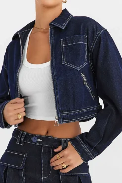 MICAS Outerwear|Outerwear-Solid Contrast Binding Pocket Zipper Denim Outerwear DARK WASH BLUE