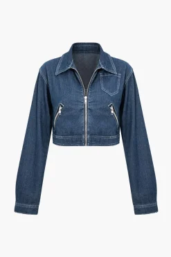 MICAS Outerwear|Outerwear-Solid Contrast Binding Pocket Zipper Denim Outerwear DARK WASH BLUE