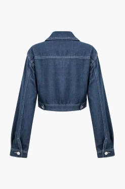 MICAS Outerwear|Outerwear-Solid Contrast Binding Pocket Zipper Denim Outerwear DARK WASH BLUE