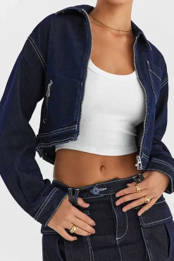 MICAS Outerwear|Outerwear-Solid Contrast Binding Pocket Zipper Denim Outerwear DARK WASH BLUE