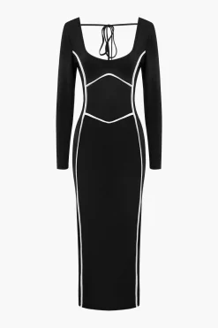 MICAS Long Sleeve Dresses|Maxi Dresses-Solid Contrast Binding Slit Maxi Dress BLACK