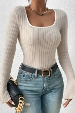 MICAS Long Sleeve Tops|Long Sleeves Tops-Solid Contrast Binding Square Neck Bell Sleeve Top BEIGE