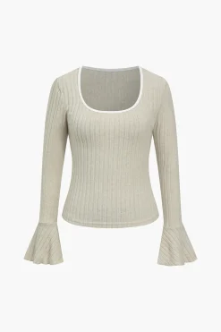MICAS Long Sleeve Tops|Long Sleeves Tops-Solid Contrast Binding Square Neck Bell Sleeve Top BEIGE