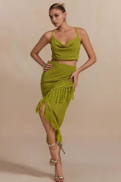 MICAS Skirt Sets-Solid Cowl Neck Top And Fringe Ruched Skirt Set LIME