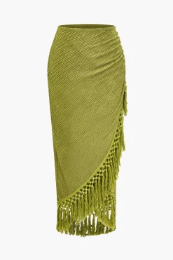 MICAS Skirt Sets-Solid Cowl Neck Top And Fringe Ruched Skirt Set LIME
