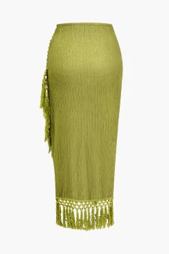 MICAS Skirt Sets-Solid Cowl Neck Top And Fringe Ruched Skirt Set LIME