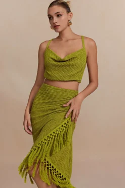 MICAS Skirt Sets-Solid Cowl Neck Top And Fringe Ruched Skirt Set LIME