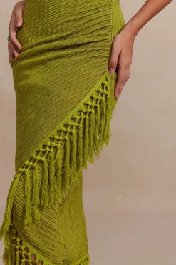 MICAS Skirt Sets-Solid Cowl Neck Top And Fringe Ruched Skirt Set LIME