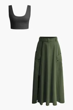 MICAS Skirt Sets-Solid Crop Tank Top And Zipper Pocket Pleated Skirt Set