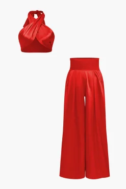 MICAS Pant Sets|Vacation Sets-Solid Crossed Backless Top And Wide Leg Trousers Set GREEN