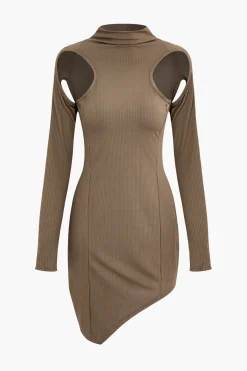 MICAS Mini Dresses|Long Sleeve Dresses-Solid Cut Out Asymmetrical Mini Dress LIGHT BROWN