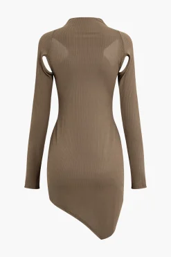 MICAS Mini Dresses|Long Sleeve Dresses-Solid Cut Out Asymmetrical Mini Dress LIGHT BROWN