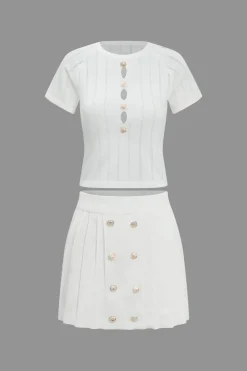 MICAS Skirt Sets-Solid Cut Out Button Skirt Set WHITE