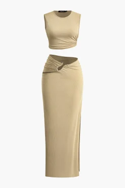 MICAS Skirt Sets-Solid Cut Out Crop Tank Top And Ruched Split Midi Skirt Set KHAKI