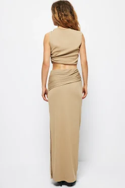 MICAS Skirt Sets-Solid Cut Out Crop Tank Top And Ruched Split Midi Skirt Set KHAKI