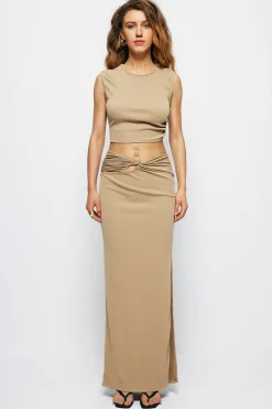MICAS Skirt Sets-Solid Cut Out Crop Tank Top And Ruched Split Midi Skirt Set KHAKI