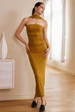 MICAS Midi Dresses-Solid Cut Out Halter Midi Dress OCHRE