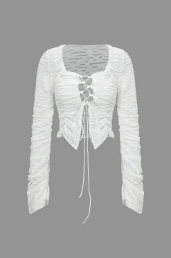 MICAS Long Sleeve Tops|Long Sleeves Tops-Solid Cut Out Tie Up Long-Sleeve Top WHITE