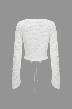 MICAS Long Sleeve Tops|Long Sleeves Tops-Solid Cut Out Tie Up Long-Sleeve Top WHITE