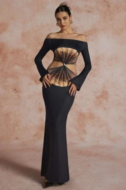 MICAS Long Sleeve Dresses|Maxi Dresses-Solid Cut Out Twist Knot Long-Sleeve Maxi Dress BLACK