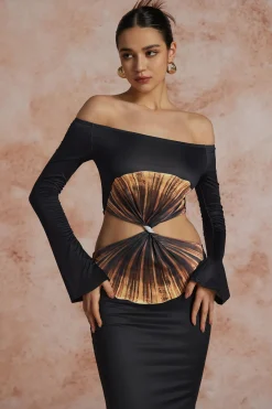 MICAS Long Sleeve Dresses|Maxi Dresses-Solid Cut Out Twist Knot Long-Sleeve Maxi Dress BLACK